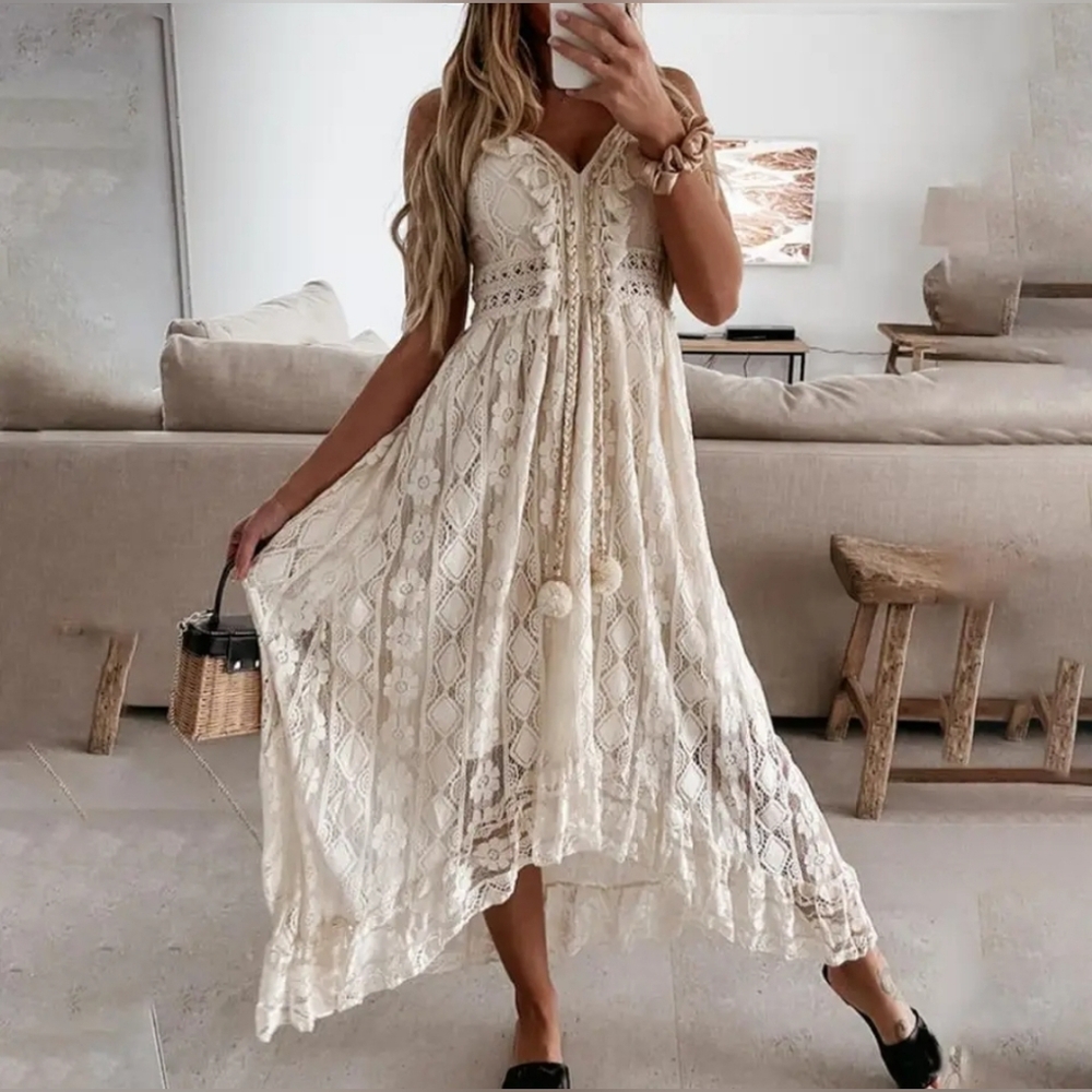 New Boho Fringe Lace Festival Dress Sundress Cream Ivory Beige